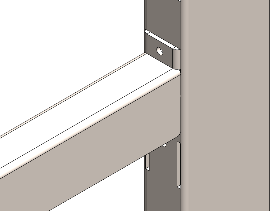 CAD detail of the ELFA tab-and-slot arm mounted on the frame